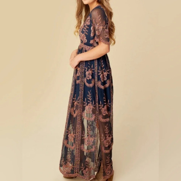 Altar'd State Catania Lace Mesh Embroidered Bohemian Maxi Dress Women's size S - Picture 4 of 10